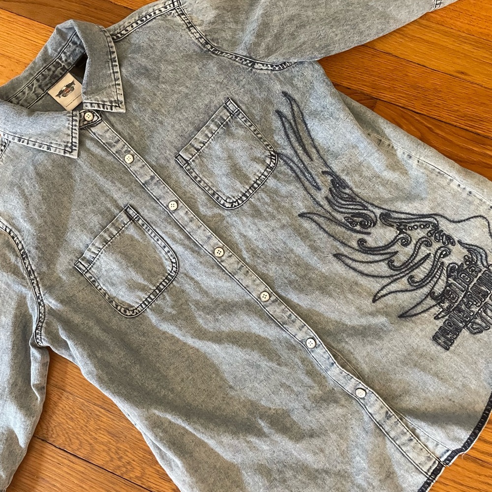 HARLEY DAVIDSON SNAP DENIM SHIRT SZ S BUST 40 - 3/4 SLEEVE LOGO